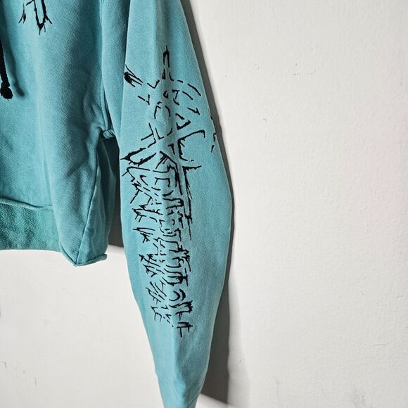 Post LA Adaptation Aqua and Black Graphic Long Sleeve Crop Hooded Sweater Small - Picture 3 of 8